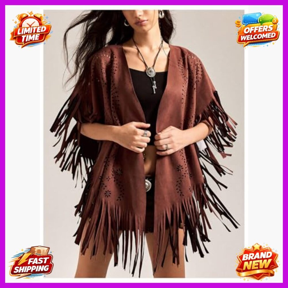 Faux Suede Cape Coat with Fringe Trim Half Sleeve Oversized Boho Outerwear - Picture 5 of 5